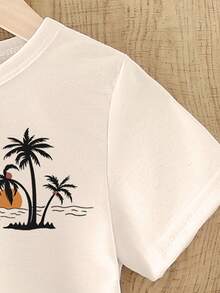 SHEIN Streecool Kids 2pcs/Set Toddler Boys' Casual Creative Coconut Tree, Sunset, Wave Graphic Print Short Sleeve T-Shirt And Shorts, Comfortable Daily Outfit, Suitable For Spring, Summer And Autumn - Multicolor - View 9