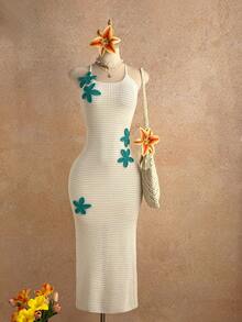 Elamini Women's White Sweater Dress, Sexy Beach Vacation Style With Blue Floral Long Dress, Summer - White - View 3