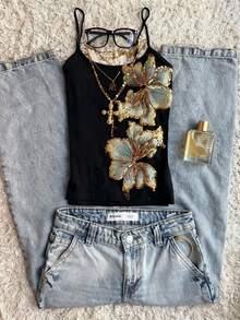 Glimmora 女士复古印花优雅吊带夏季背心 - 黑色 - 查看 1