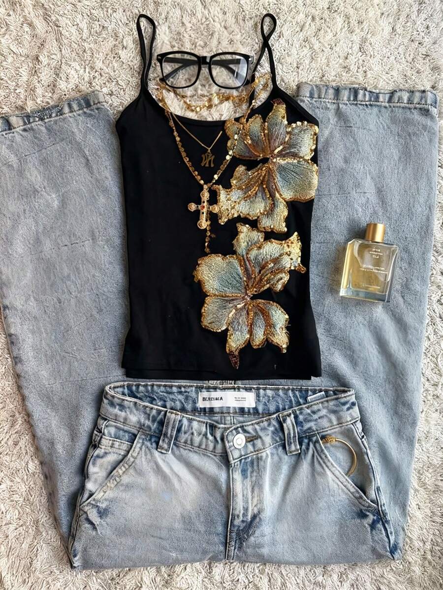 Glimmora 女士复古印花优雅吊带夏季背心 - 黑色 - 查看 1