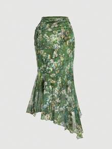 SHEIN MOD 复古绿色油画植物印花网纱两件套，露肩、美人鱼式、不对称下摆设计——完美适用于度假、约会、野餐、派对、舞会和节日庆典 - 綠色 - 查看 10