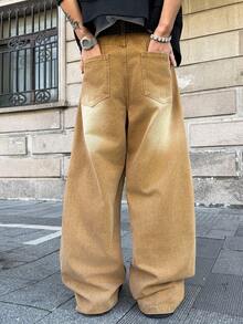 Manfinity EMRG Men's Casual Everyday Washed Slant Pocket Loose Wide-Leg Jeans - Yellow - View 2