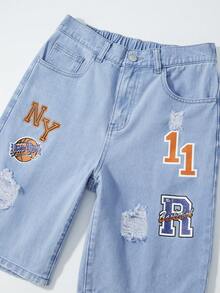 ROMWE MEN Street Life Teen Boy's Casual Fashion Street Daily Commute Letter & Basketball Print Distressed Denim Shorts, Summer - Blue - View 6