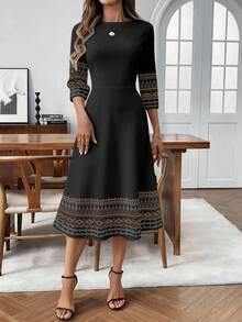 EMERY ROSE 女士休闲西部风格几何印花圆领中长连衣裙，休闲款 - 黑色 - 查看 5