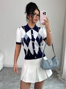 Selianne Vintage Diamond Pattern Color Block Blouse, Women's Retro Elegant Academic Style Knit Top, Featuring Delicate Metal Buttons And Turndown Collar Short Sleeve Shirt, Suitable For Summer - Multicolor - View 8