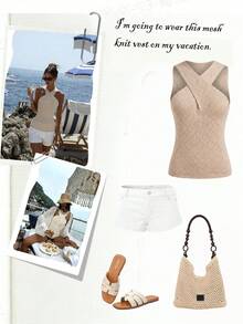 Selianne Elegant Casual Loose Comfortable Apricot Criss-Cross Diamond Pattern Knit Pullover Sweater, Spring/Summer - Apricot - View 6