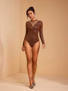 JIAN LASALA Mock Neck Glittery Knit Transparent Mesh Block Long Sleeves Sexy Party Bodysuits - Brown - View 7