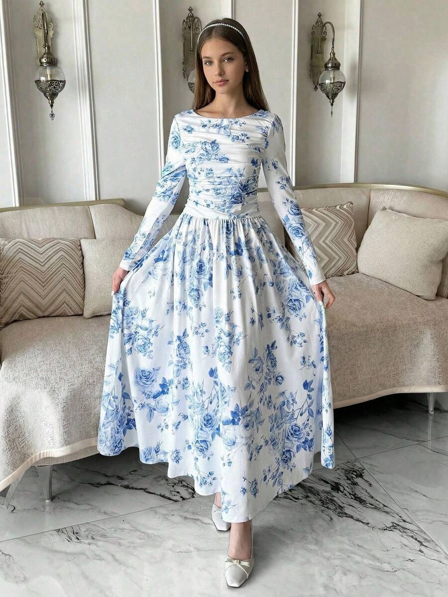 少女休闲简约舒适长袖收腰中长连衣裙，休闲简约蓝白碎花印花连衣裙，度假装扮，波西米亚风，夏威夷风，乡村风 - 藍白色 - 查看 1