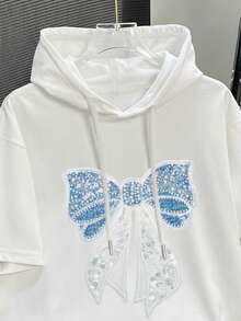 Resyla Y2K 可爱蓝色亮片蝴蝶结刺绣串珠连帽短袖上衣，休闲女式衬衫 - 白色 - 查看 3