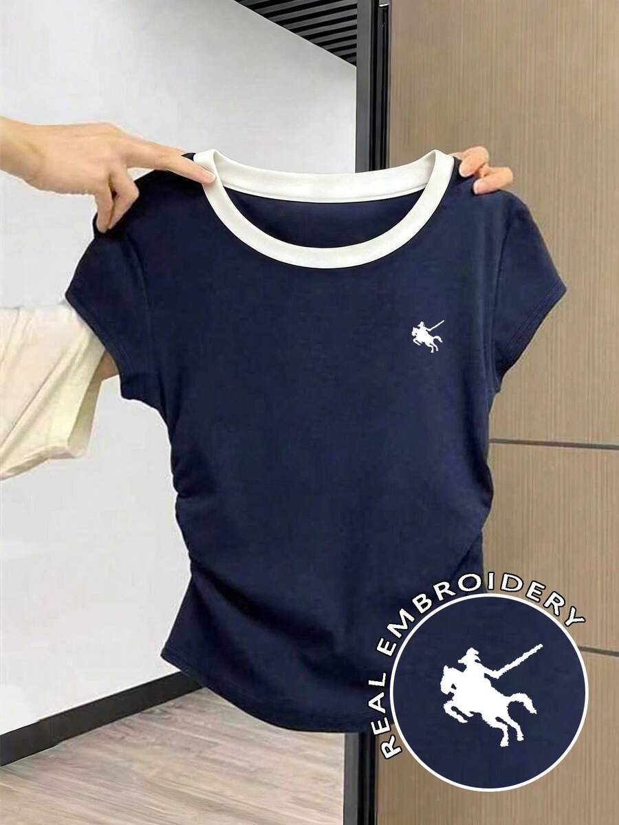 Resyla Camiseta casual de mujer con cuello redondo, manga corta, plisada y bordado de caballero - Azul Marino - Ver 1