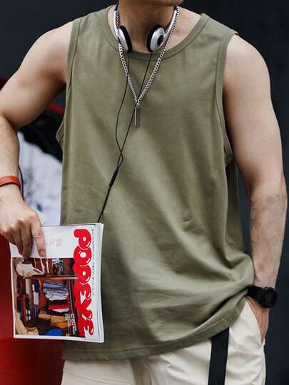 Resyla Men's Solid Color Loose Fit Crew Neck Casual Tank Top