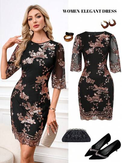Ellevyn Women's Elegant Versatile Sequin Black Embroidered Sequin Mesh Patchwork Mini Dress, Graceful
