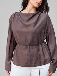 Maija Plus Size Women's Chocolate Brown Crinkle Chiffon Blouse,Elegant Formal Autumn High Neck Long Sleeve Top With Detachable Belt & Cuff Button Decor - Brown - View 6