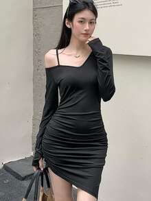 K-Vae Women's Asymmetric Cold-Shoulder Long Sleeve Black Dress, Sexy Style - Black - View 1