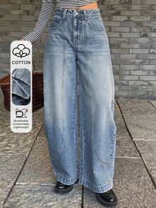 DAZY 女士开衩筒形休闲牛仔裤，都市街头风 - 中等水洗藍 - 查看 1