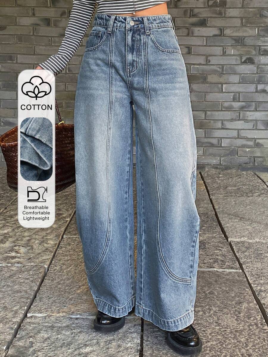 DAZY 女士开衩筒形休闲牛仔裤，都市街头风 - 中等水洗藍 - 查看 1