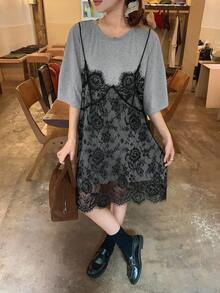 DAZY 女士蕾丝拼接无袖二合一短袖连衣裙夏季女装吊带裙