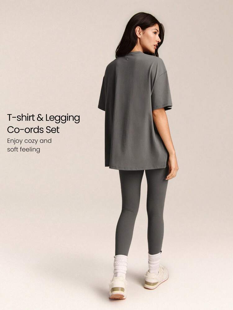 2 Pieces  Pima Cotton Hip Length Tee & 24'' FeatherFit™ Leggings Set With Side Pockets Low Impact Yoga Pilates Daily