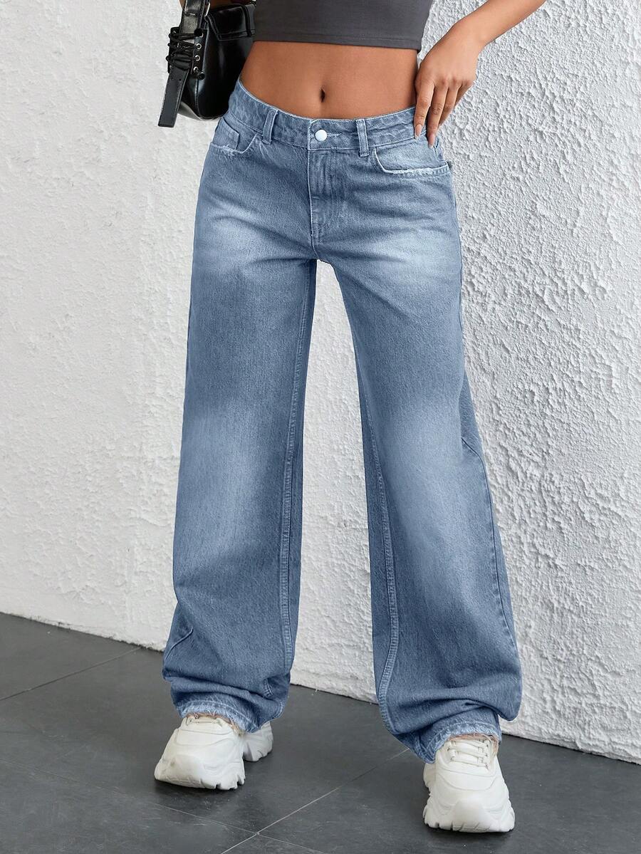 EURMUSE 低腰复古水洗直筒牛仔裤 - 淺藍色 - 查看 1