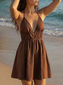CAJUNI Summer Sexy Backless Halter Neck Dress - Brown - View 1