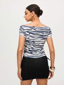 MTV | SHEIN Women's Zebra Print & Letter Pattern Tight Fit T-Shirt, Summer - Black and White - View 2
