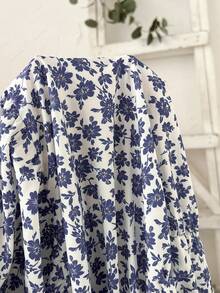 EMERY ROSE 大码女式碎花V领宽松泡泡袖休闲连衣裙 - 藍白色 - 查看 9