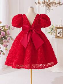 SHEIN Red Floral 3D Rose Flower Decor Dress, Summer Elegant Wedding Guest A-Line V-Neck Short Sleeve Tween Girl Formal Party Outfits For Birthdays - Red - View 12