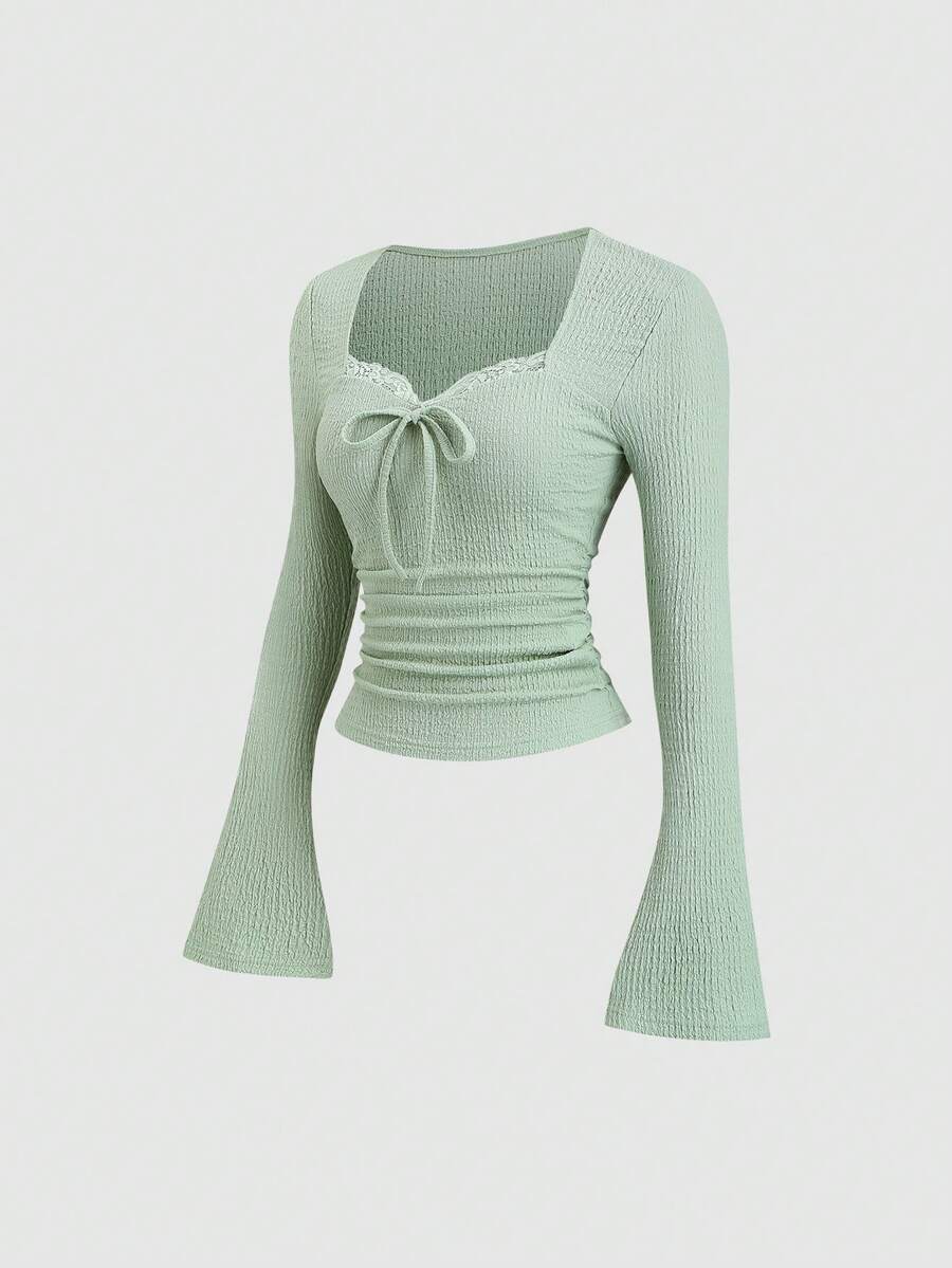 Sweetra Women Sage Green Elegant Fall Winter Date T-Shirt,Textured Lace Trim Tie Bow Design Flare Sleeve Elastic Tight Fitted Top For Party,Commute,,Travel - Mint Green - View 1