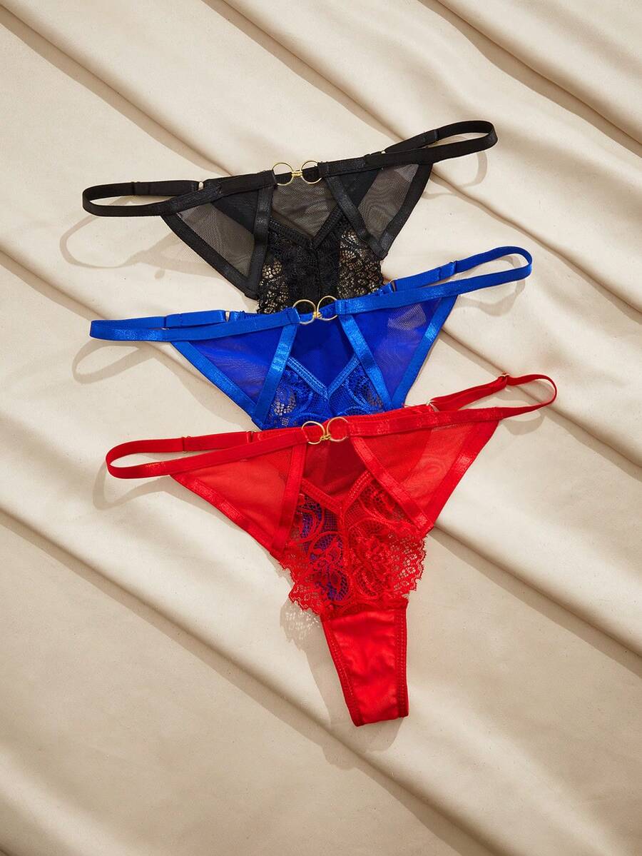 Charlaine 3pcs/Set Women Lace Trim Metal Buckle Thong Panties, Black, Red, Blue - Multicolor - View 1