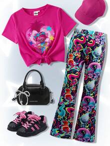 SHEIN Trolls Tween Girls' Casual Everyday Commute Cartoon Letter & Star Print Short Sleeve T-Shirt And Flare Pants Set, Spring/Summer/Autumn - Pink - View 1