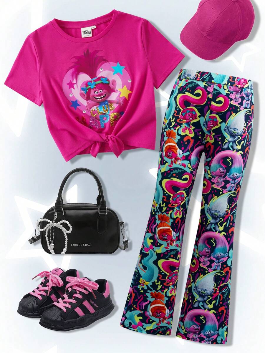 SHEIN Trolls Tween Girls' Casual Everyday Commute Cartoon Letter & Star Print Short Sleeve T-Shirt And Flare Pants Set, Spring/Summer/Autumn - Pink - View 1
