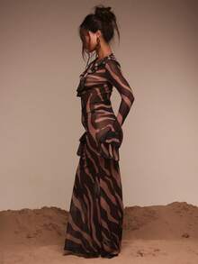 MUSERA Extreme Frill Plunge Front Ruffle Sleeves Fitted Zebra Print Beach Maxi Dress Cover Up Extreme Frill Plunge Front Ruffle Sleeves - Multicolor - View 3