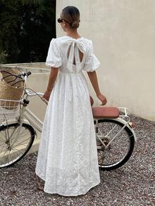 Livesso 春季蕾丝伴娘婚礼宾客白色棉质拼接花瓣袖系带露背中长连衣裙 - 白色 - 查看 6