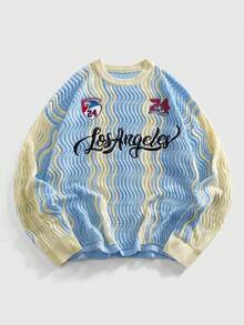 ROMWE MEN Men's Wavy Letter Embroidered Crew Neck Loose Knit Sweater