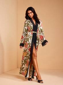 JIAN LASALA Floral Print Satin Silk-Like Elegant Women Loose Maxi Robe With Lace Trim Long Bell Sleeves - Multicolor - View 6