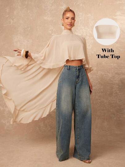 SHEIN X Scot Louie Lumalex Nueva blusa elegante y de alta gama para mujer con un hombro, mangas tipo capa, holgada, con bajo asimétrico con volantes, cuello de lino, cuello alto. Entrega de top sin tirantes como capa interior. Adecuado para salir de noche, fiestas, citas, campo, regreso a casa, ocio, vacaciones, vacaciones en la playa, diario de boda, festival de música, cita romántica de San Valentín, fiesta de Halloween, fiesta de Eid al-Adha, primavera/verano