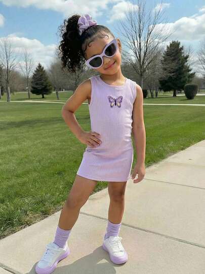 SHEIN Young Girl Ribbed Knit Purple Dress With Bow Decor, Casual Round Neck