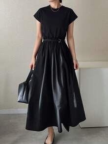 FRIFUL Women's Round Neck Mixed Material Waist Cinched A-Line Dress - Black - View 1