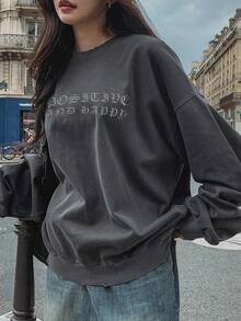 DAZY 复古休闲字母印花宽松百搭圆领女式卫衣 - 深灰色 - 查看 3