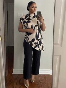 SHEIN Lady CURVE Bộ đồ nữ cỡ lớn thanh lịch in hoa, cổ đứng, tay ngắn, vạt bất đối xứng gồm áo và quần ống rộng, thích hợp cho mùa xuân/hè/thu. - Nhiều màu - Xem 6