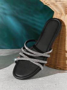 SHUZIA Women's Minimalist Crisscross Straps Slip-On Flat Sandals - Black - View 7