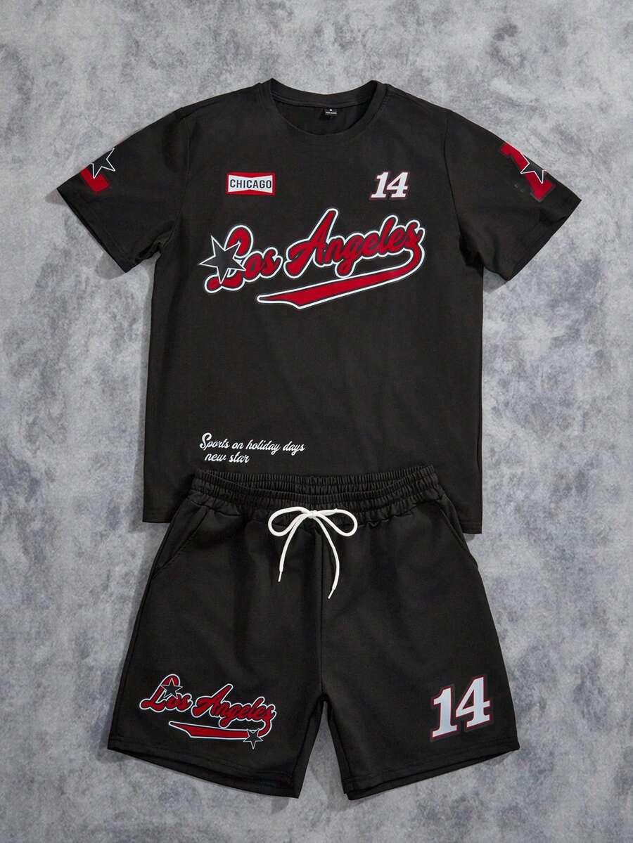 Manfinity ZONE917 男士修身套装：圆领短袖 T 恤和短裤，简约时尚，适合夏季 - 彩色 - 查看 1