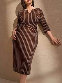 Chikora 大码女式中长款V领连衣裙，黑色七分袖黑白条纹铅笔裙，及膝V领通勤优雅修身连衣裙，办公室连衣裙，简约修身连衣裙 - 棕色 - 查看 6