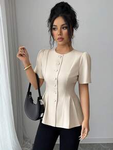 Elenzga 女士纯色圆领纽扣A字短袖杏色优雅衬衫，精致优雅的法式复古浪漫简约风，适合办公室、通勤、商务、休闲、海滩、日常穿着，春夏新品 - 杏色 - 查看 5