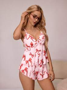 HautHeat 女士蝴蝶结印花吊带背心和短裤睡衣套装 - 粉色 - 查看 1