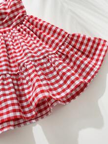 Cozy Pixies Vestido de Suspensório com Laço Xadrez Vermelho Clássico para Bebê Menina, Vestidos Versáteis e Confortáveis para Bebê Menina no Verão, Vestido de Laço de Cereja para Bebê Menina, Vestido Fofo para Bebê Menina, Vestido Xadrez de Algodão para Bebê Menina, Vestido de Verão para Bebê Menina - Vermelho - Visão 5