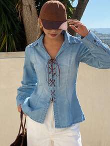 DAZY Áo sơ mi denim nữ tay dài cổ bẻ, thắt eo, kiểu dáng độc đáo, chất liệu denim. - Rửa trung bình - Xem 2