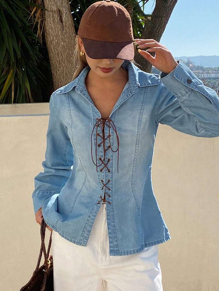 Women's Turndown Collar Cinched Waist Casual Denim Shirt With Unique Design, Long Sleeve