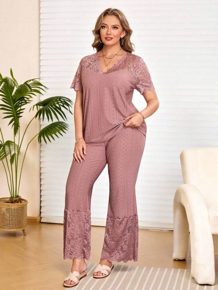 Plus Size Women Lace Patchwork Pink Short Sleeve Top And Flare Pants Elegant 2 Pieces Set,Vacation/Summer/Spring
