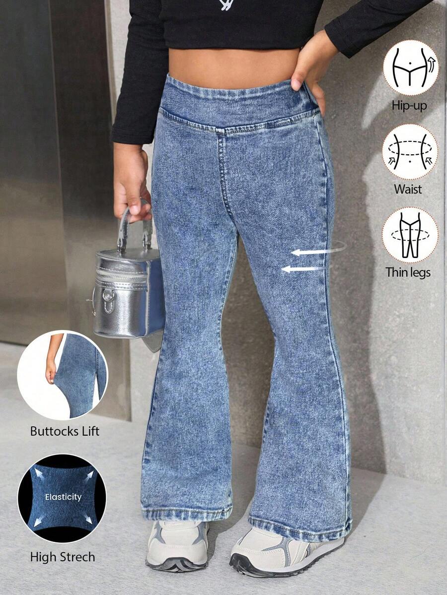 SHEIN Young Girl' Blue Denim Elastic Skinny Flare Pants - Light Wash - View 1